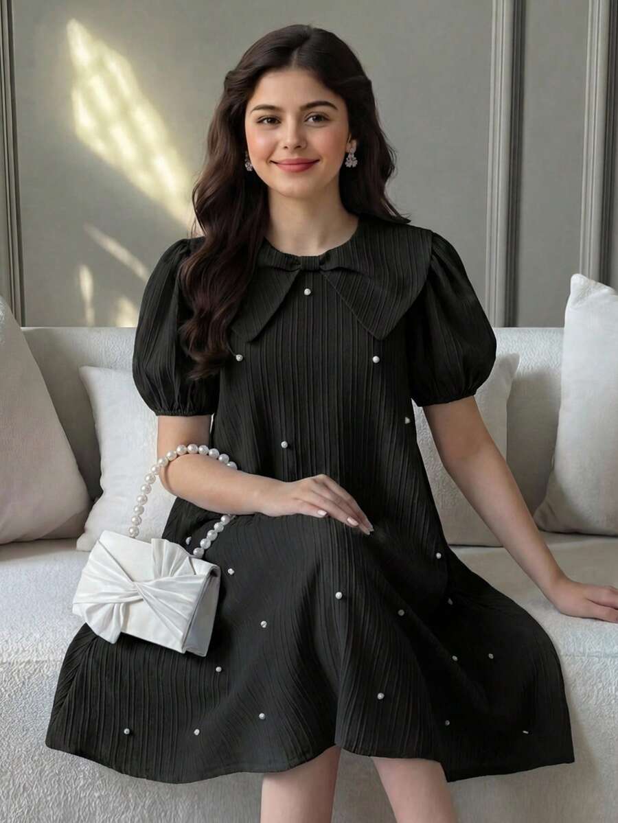 SHEIN Vestido con diseño de volantes y moño para niña adolescente - Negro - Ver 1