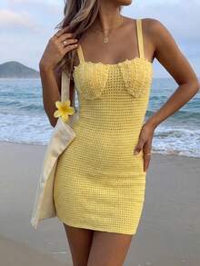 Selianne 女士优雅修身露背系带无袖针织迷你连衣裙，适合海滩和夏季穿着 - 黃色 - 查看 6