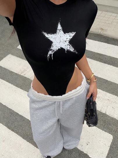 valorelle valorelle 女士春夏连体衣，女士T恤连体衣，女士短袖连体衣，星形图案设计，街头时尚风格，简约时尚连体衣，适合日常、街头、派对穿着