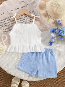 SHEIN Bộ 2 món cho bé gái: Áo hai dây cổ bèo và quần short hoa xanh, trang phục mùa hè dễ thương, giản dị kiểu đồng quê. - Màu xanh lam - Xem 2