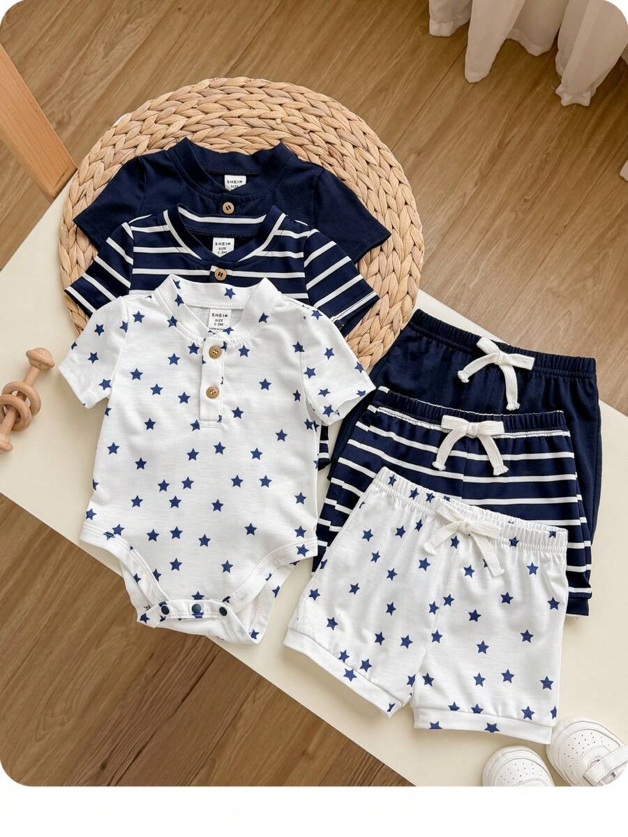 Bộ 6 món cho bé sơ sinh trai/gái, áo liền quần ngắn tay kẻ sọc xanh dương dễ thương và quần short, thích hợp mặc ở nhà và ngoài trời, mùa hè. - Màu xanh lam - Xem 1