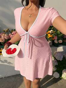GalTyme Plus Size Women's Front Tie Short Sleeve Sexy Dress - Pink - View 3