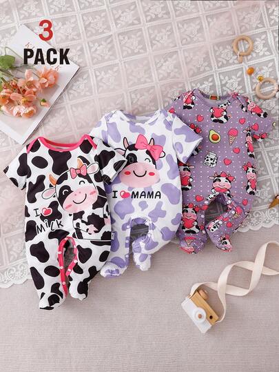 3件套新生儿夏季薄款连体衣，可爱卡通奶牛、爱心、冰淇淋、牛油果图案，柔软舒适的牛奶丝面料，短袖肩部按扣，连脚裤，婴儿睡衣