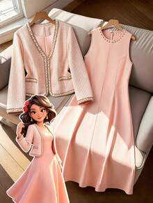 GlowEve CURVE Conjunto de 2 piezas talla grande para mujer: Elegante chaqueta de cárdigan de manga larga con escote en V y adorno de perlas en contraste, y vestido largo con cuello redondo y decoración de perlas, adecuado para otoño/invierno, uso casual, trabajo y ocasiones - Naranja Coral - Ver 1