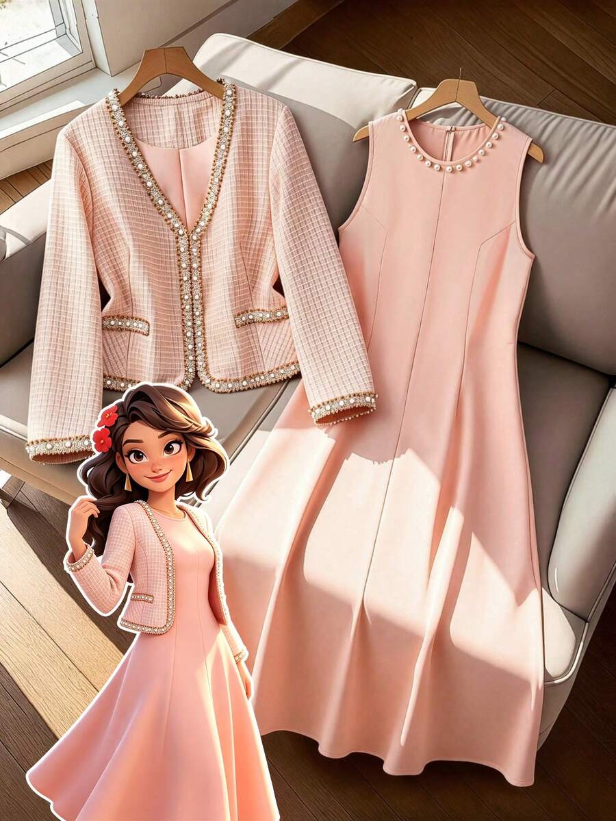 GlowEve CURVE Conjunto de 2 piezas talla grande para mujer: Elegante chaqueta de cárdigan de manga larga con escote en V y adorno de perlas en contraste, y vestido largo con cuello redondo y decoración de perlas, adecuado para otoño/invierno, uso casual, trabajo y ocasiones - Naranja Coral - Ver 1