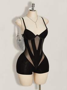 SHEIN ICON Bộ jumpsuit hai dây gợi cảm, màu trơn, chất liệu lưới phối ren, dành cho nữ, thích hợp đi dự tiệc mùa hè Y2K (phong cách thập niên 2000), kiểu dáng câu lạc bộ, Coachella. - màu đen - Xem 1
