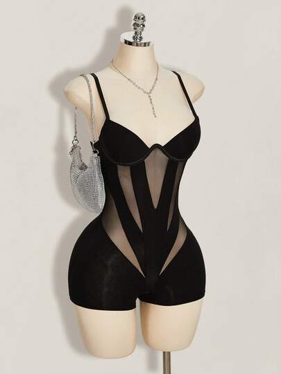 SHEIN ICON Bộ jumpsuit hai dây gợi cảm, màu trơn, chất liệu lưới phối ren, dành cho nữ, thích hợp đi dự tiệc mùa hè Y2K (phong cách thập niên 2000), kiểu dáng câu lạc bộ, Coachella.