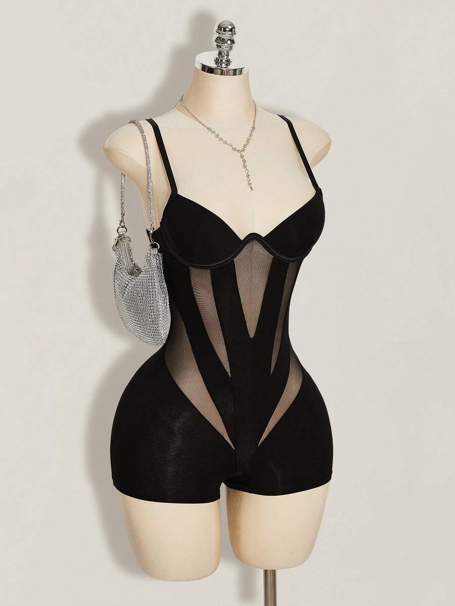 SHEIN ICON Bộ jumpsuit hai dây gợi cảm, màu trơn, chất liệu lưới phối ren, dành cho nữ, thích hợp đi dự tiệc mùa hè Y2K (phong cách thập niên 2000), kiểu dáng câu lạc bộ, Coachella. - màu đen - Xem 1