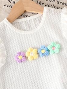 SHEIN Elladie kids 两件套女童夏季休闲套装，饰有色彩缤纷的3D立体花卉图案，荷叶边袖口，针织面料，适合休闲、度假、运动、周末购物、野餐、海滩派对等场合。 - 白色 - 查看 7