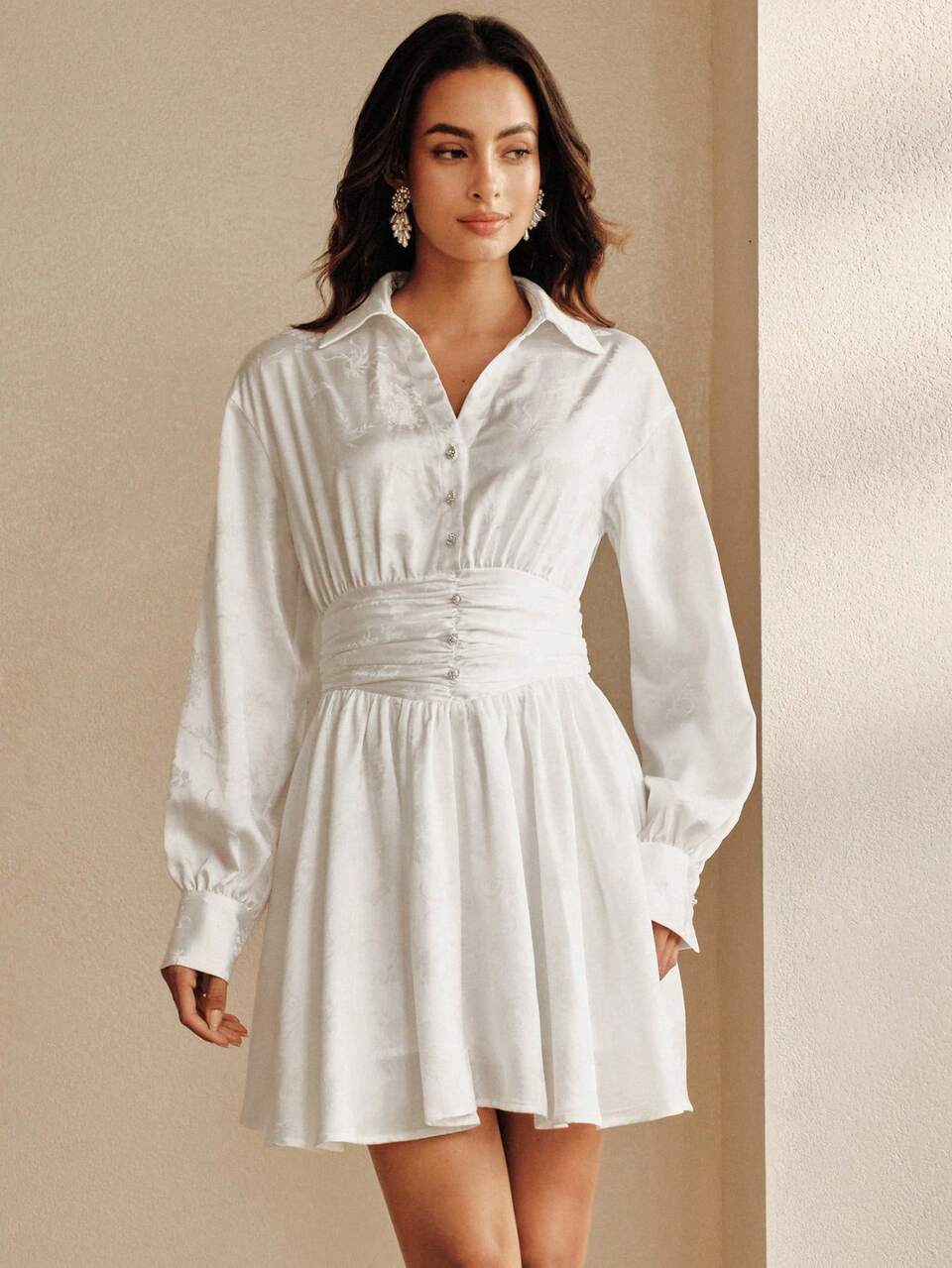 Anewsta Elegant Romantic Commuter Tea Party Graduation Short White Jacquard Satin Dress For Women Autumn Wedding Teachers' Day