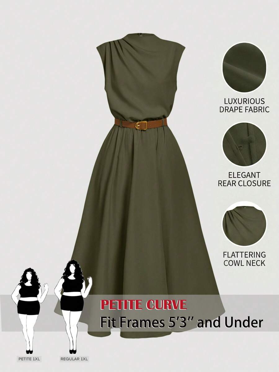 SHEIN PETITE CURVE 大码女式纯色立领褶皱优雅连衣裙 - 軍綠色 - 查看 1