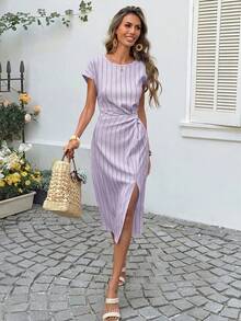 SHEIN LUNE Women's Casual Striped Short Sleeve Twist Knot Midi Dress, Suitable For Summer Vacation, Commute, And Daily Wear,Dresses For Women Summer - Mauve Purple - View 6