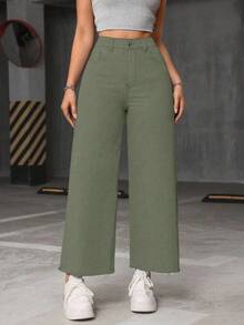 SHEIN ICON 大码女式休闲日常通勤简约纯色宽松阔腿牛仔裤 - 軍綠色 - 查看 1