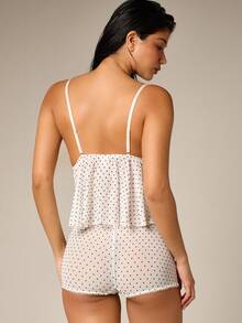 AiiRZ Polka Dot Mesh Babydoll Lingerie Set With Tie Front Camisole And Matching Shorts Intimate Sleepwear - White - View 3