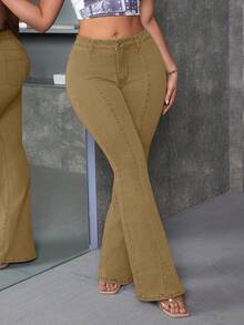 SHEIN EZwear 大尺碼女款時尚休閒水洗喇叭褲 卡其色 夏季約會之夜 - 卡其色 - 查看 1