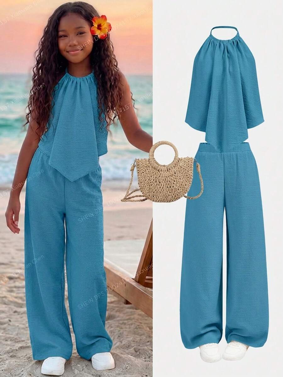 SHEIN 2pcs/Set Teen Girls Loose Halter Neck Tank Top + Long Pants Suit,Summer,Vacation,Holiday Fashionable Casual Versatile Outfit For Party,Sister Photo - Blue - View 1
