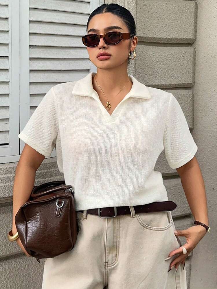 Dazy Plus Plus Size Women Summer Polo Collar Short Sleeve Loose Casual T-Shirt, Resort Style