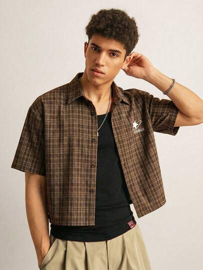 Manfinity Unisex Men's Plaid Single-Breasted Letter Print Casual Versatile Daily Wear Shirt