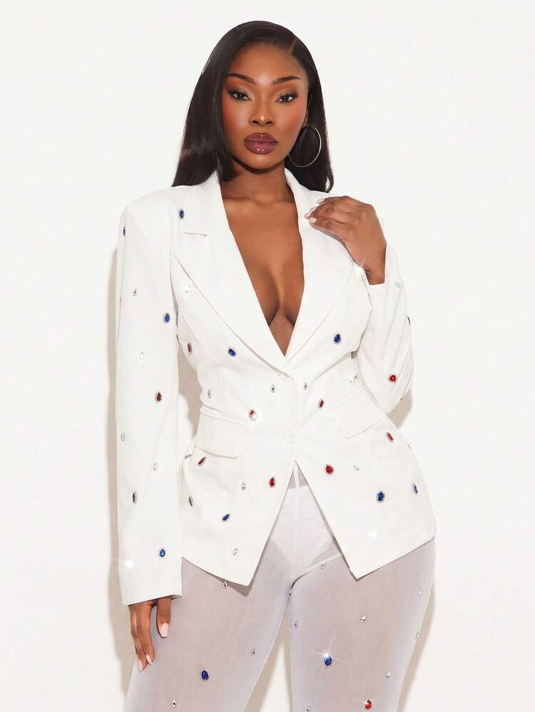 Radiana Áo blazer nữ cỡ lớn thanh lịch đính đá lấp lánh, thích hợp cho mùa Thu Đông, Xuân Hè, phù hợp với phong cách đường phố, Ngày Valentine, phong cách vintage, lễ hội âm nhạc, buổi hòa nhạc. - trắng - Xem 1