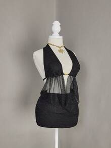 Bellisia 2026 性感串珠网纱深V领迷你连衣裙，适合音乐会和派对等场合 - 黑色 - 查看 3