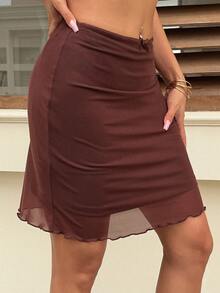DAZY Solid Color Fitted Bodycon Knee-Length Contrast Mesh Elegant Sexy Summer Skirt Skort For Women Vacation - Brown - View 4
