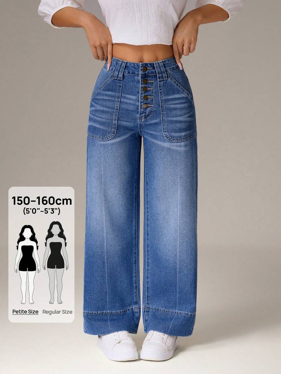 SHEIN PETITE 女士时尚百搭纽扣口袋直筒宽松牛仔裤 - 藍色 - 查看 1