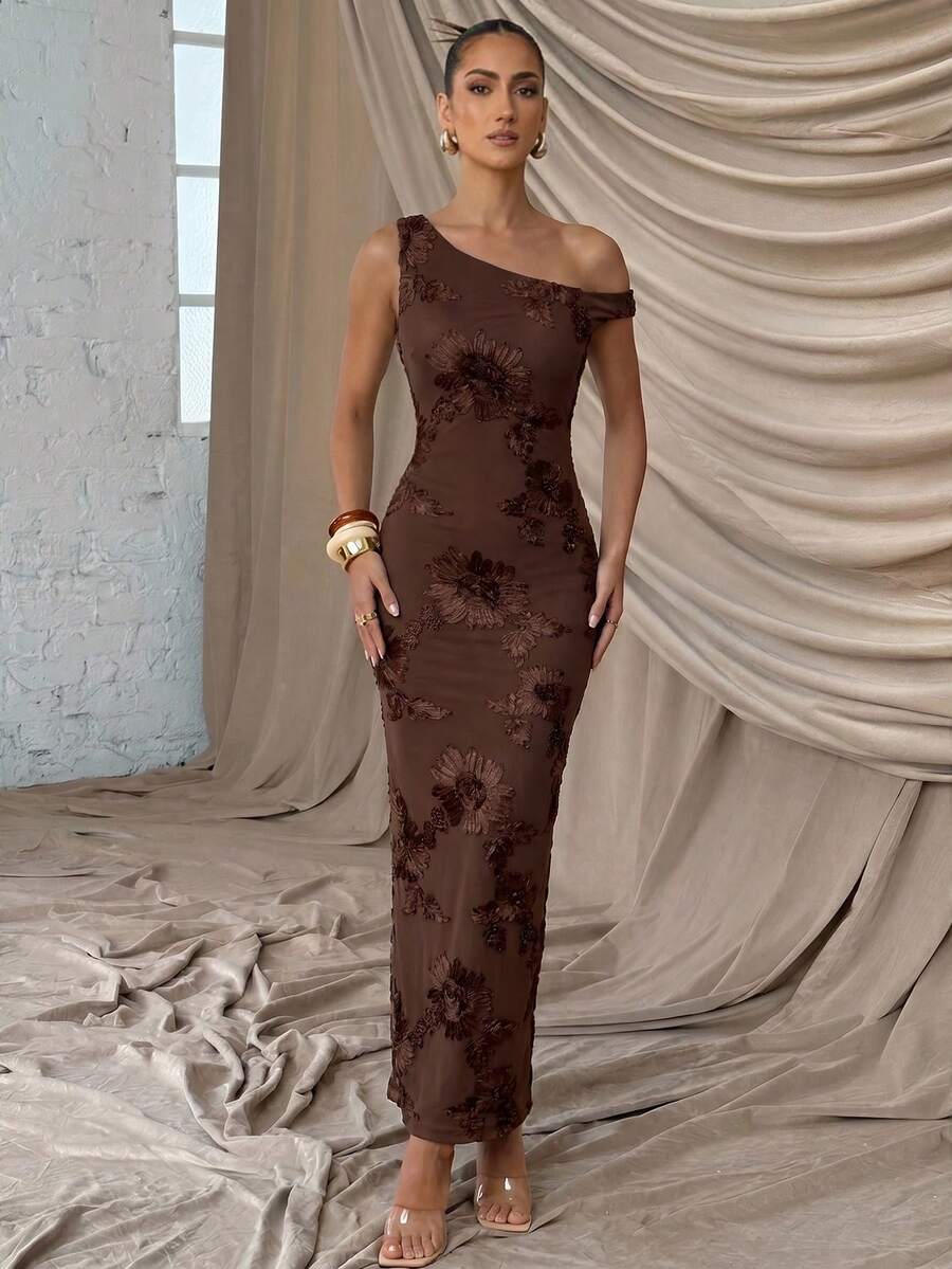 Lumalex 薄荷绿不对称肩部无袖修身网纱连衣裙，春夏新品 - 棕色 - 查看 1