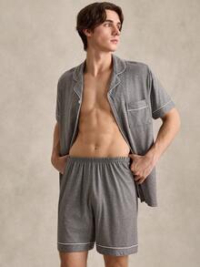 EverLounge 2 pièces Ensemble détente Homme avec Top à Manches Courtes à Boutons et Bas Contrastés - Gris foncé - Voir 3