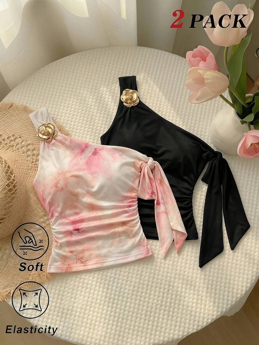 SHEIN MOD 2件組女款夏季黑色花卉印花扭轉不對稱領口金屬3D花朵抓皺修身上衣,優雅約會穿搭 - 彩色 - 查看 1
