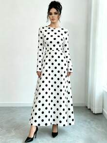 Modelyn Đầm dài tay cổ tròn in họa tiết chấm bi, kiểu dáng chữ A thắt eo, thích hợp mặc hàng ngày, đi nghỉ mát và du lịch, màu trắng chấm bi. - Nhiều màu - Xem 4