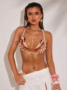 SHEIN BAE 女士度假串珠露背性感上衣 - 杏色 - 查看 6