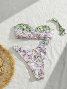 Swim Mod Bộ bikini in họa tiết hoa hồng mùa xuân/hè mới về, phong cách đồng quê tươi mát, đồ bơi hai mảnh không dây đeo vai, thích hợp cho đi biển/nghỉ dưỡng/spa. - Nhiều màu - Xem 2