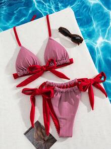 Swim Mod Bộ bikini buộc dây cổ màu tương phản kẻ sọc dành cho nữ cỡ lớn - Nhiều màu - Xem 1