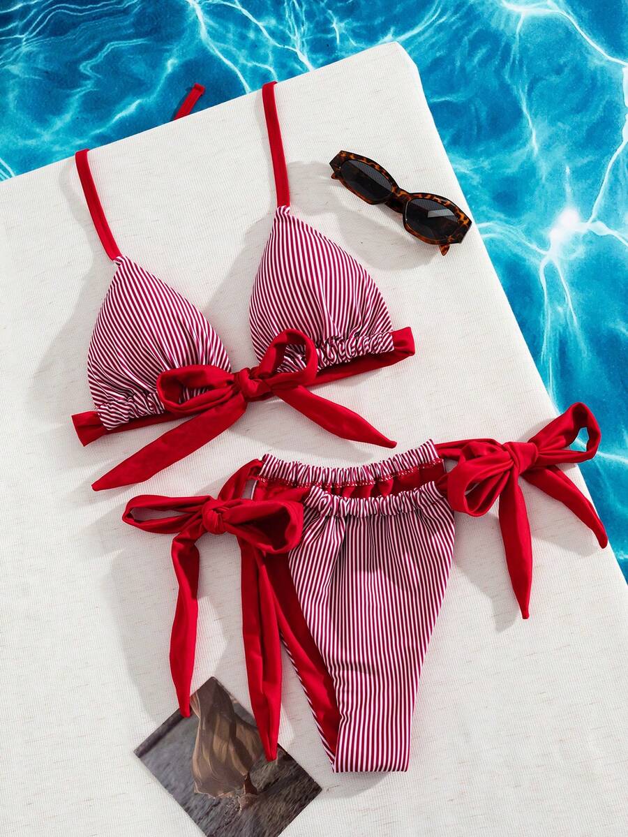 Swim Mod Bộ bikini buộc dây cổ màu tương phản kẻ sọc dành cho nữ cỡ lớn - Nhiều màu - Xem 1