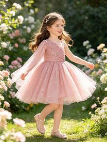 Glamorique Kids Young Girl 灰粉色單肩披肩星月亮亮片網紗仿珍珠薄紗澎澎公主正式禮服，櫻桃粉，夏季，花童，派對 - 藕粉色 - 查看 7