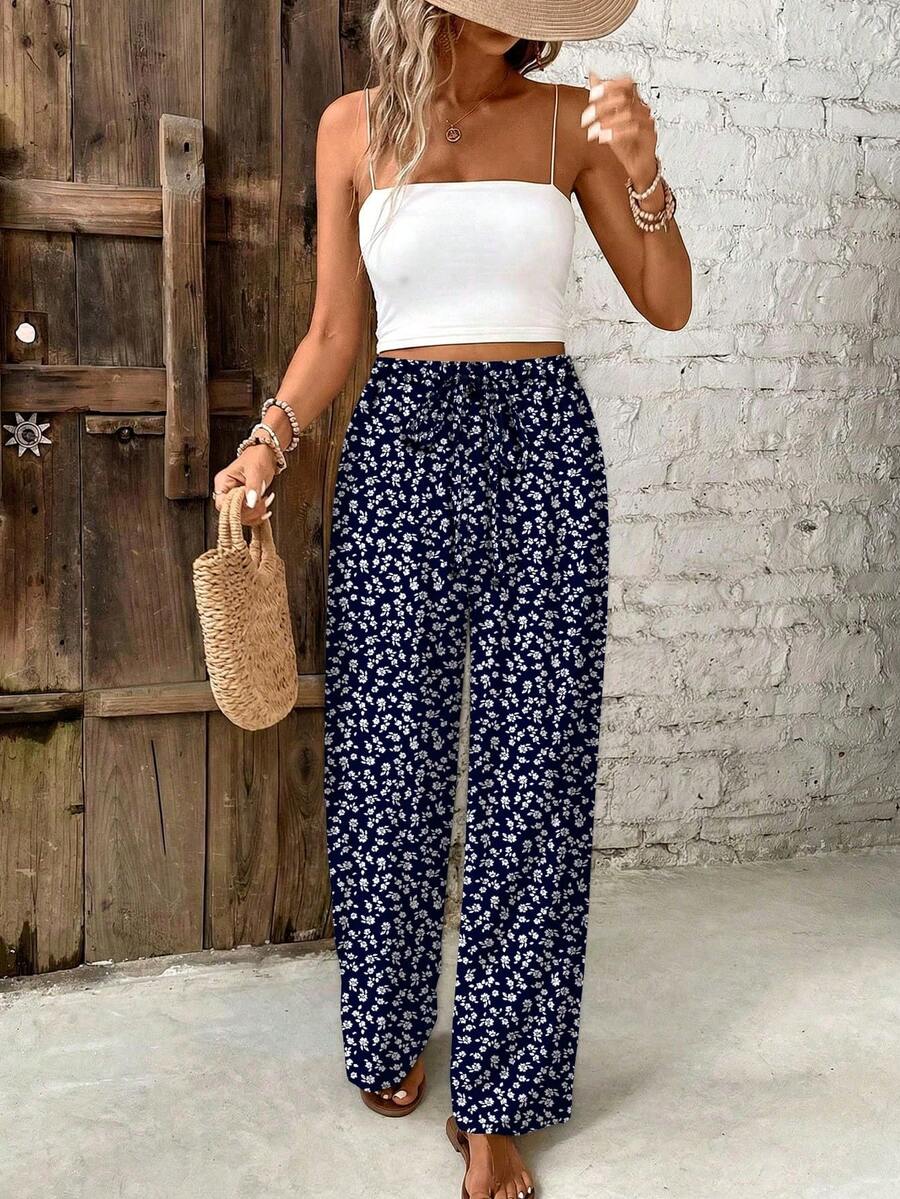 SHEIN Frenchy Women's Ditsy Floral Elastic Waist Casual Pants - Navy Blue - View 1