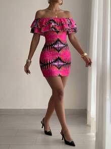 Elenzga Women's Elegant Fitted Off-Shoulder Ruffle Hem Print Bodycon Mini Dress, Summer - Multicolor - View 5