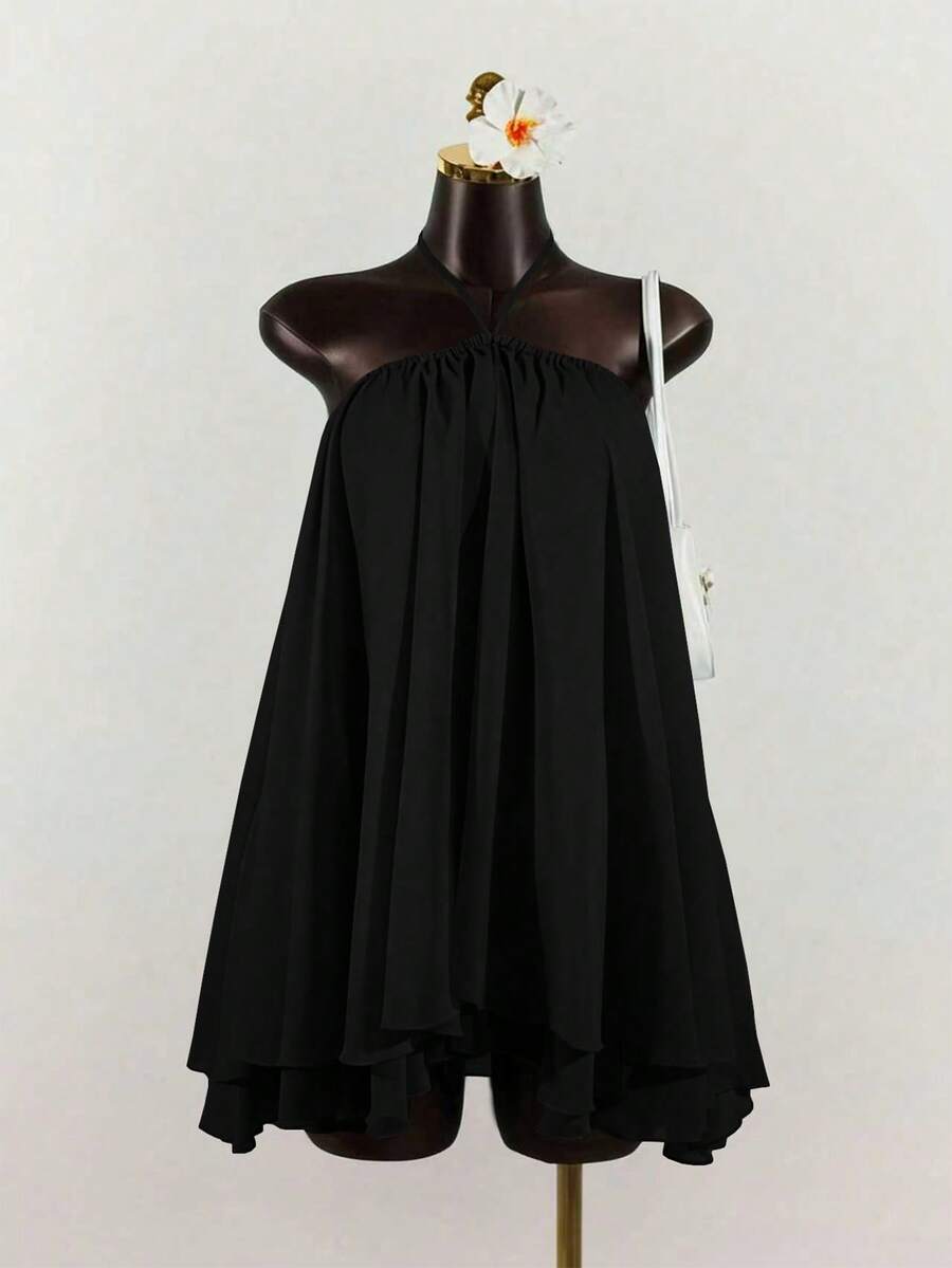 SaltGleam SaltGleam Đầm mini không tay xếp tầng bằng chiffon dành cho nữ - màu đen - Xem 1