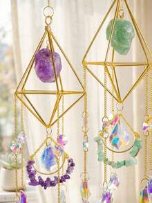 Cirelle 1pc Crystal Suncatcher With Raw Stones, Amethyst & Fluorite Hanging Prism, Geometric Gold Metal Rainbow Maker For Window, Garden & Home Decor - various - View 6