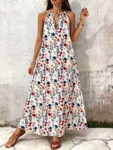 SHEIN LUNE White Floral Summer Boho Sexy Vacation Holiday Sleeveless Metal Buckle Detail Hollow Out Pleated Maxi Dress For Women Beach Golf Outfit Casual Dress - Apricot - View 3