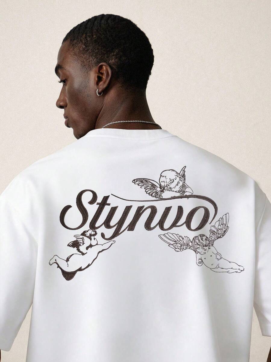 STYNVO Áo thun nam dáng rộng, thời trang thường ngày, thêu chữ Angel, thích hợp mặc đi làm hàng ngày vào mùa hè. - trắng - Xem 1