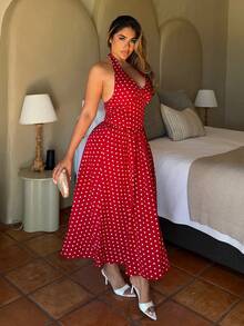 Maria Perezxox 女士夏季休闲度假波点印花露背吊带连衣裙派对 - 紅白色 - 查看 4