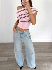 Siren Gaze Áo croptop nữ kiểu dáng thanh lịch, cổ lệch, xếp ly, thích hợp cho mùa hè, mặc hàng ngày, áo sơ mi kẻ sọc, trang phục mùa hè cho nữ. - Nhiều màu - Xem 6