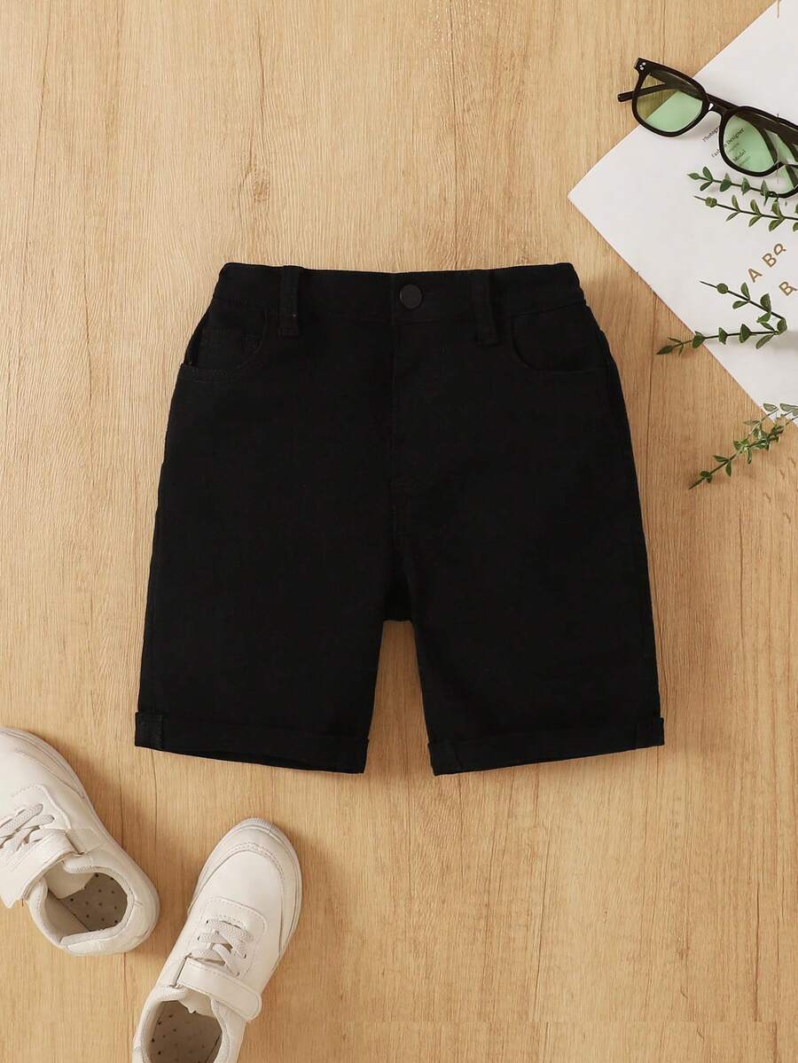 SHEIN Vintaside Kids 小男孩休閒純色牛仔短褲,夏季黑色 - 黑色 - 查看 1