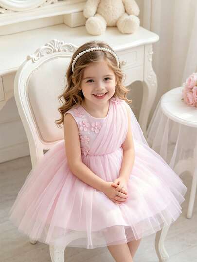 Glamorique Kids Đầm voan hồng cho bé gái, đính hoa 3D và hạt cườm, kiểu công chúa không tay, thích hợp cho sinh nhật, đám cưới, biểu diễn sân khấu, tiệc tùng, kỳ nghỉ, phù hợp cho mọi mùa.