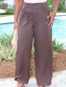 女士复古优雅提花卷边褶皱阔腿裤，秋冬 - 咖啡棕 - 查看 4