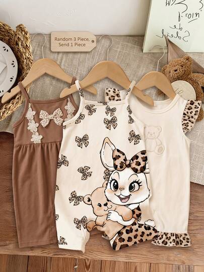 Cream Apricot, Cute Sweet Leopard Print Bow Animal Rabbit And Bear Pattern Print, Baby Girl Casual Comfortable Romper Suitable For Spring & Summer, Chill Day Chill Vibes, Easy Comfort, Casual Wear, Stylish Girls, Girly Style
