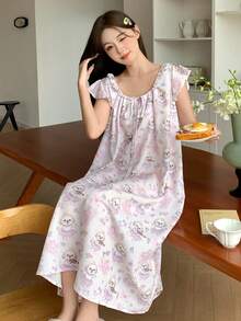 DAZY 夏季甜美卡通小狗印花荷叶边系领宽松女士睡裙 - 白色 - 查看 6