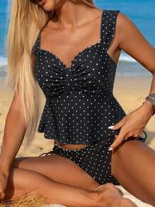 Swim Mod Women's Fashion Polka Dot Floral Trim Decorated Camisole & Bikini Set, Suitable For Summer Beach Vacation - Black and White - View 5