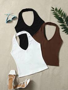 SHEIN EZwear 大尺碼女款黑白棕色露背掛脖上衣 度假夏季性感休閒寬鬆工裝風 - 彩色 - 查看 2